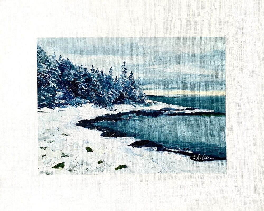 8x10 Maine Original Oil Landscape Painting Acadia in Winter Snow Atlantic Signed